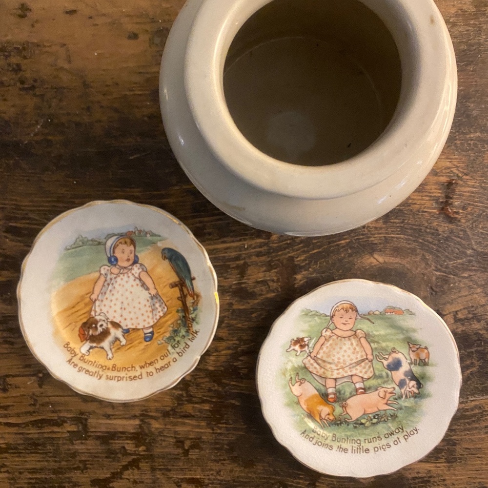 Vintage Holdfast Baby Plates & LAB-Lagny French Mustard Stoneware Crock Jar